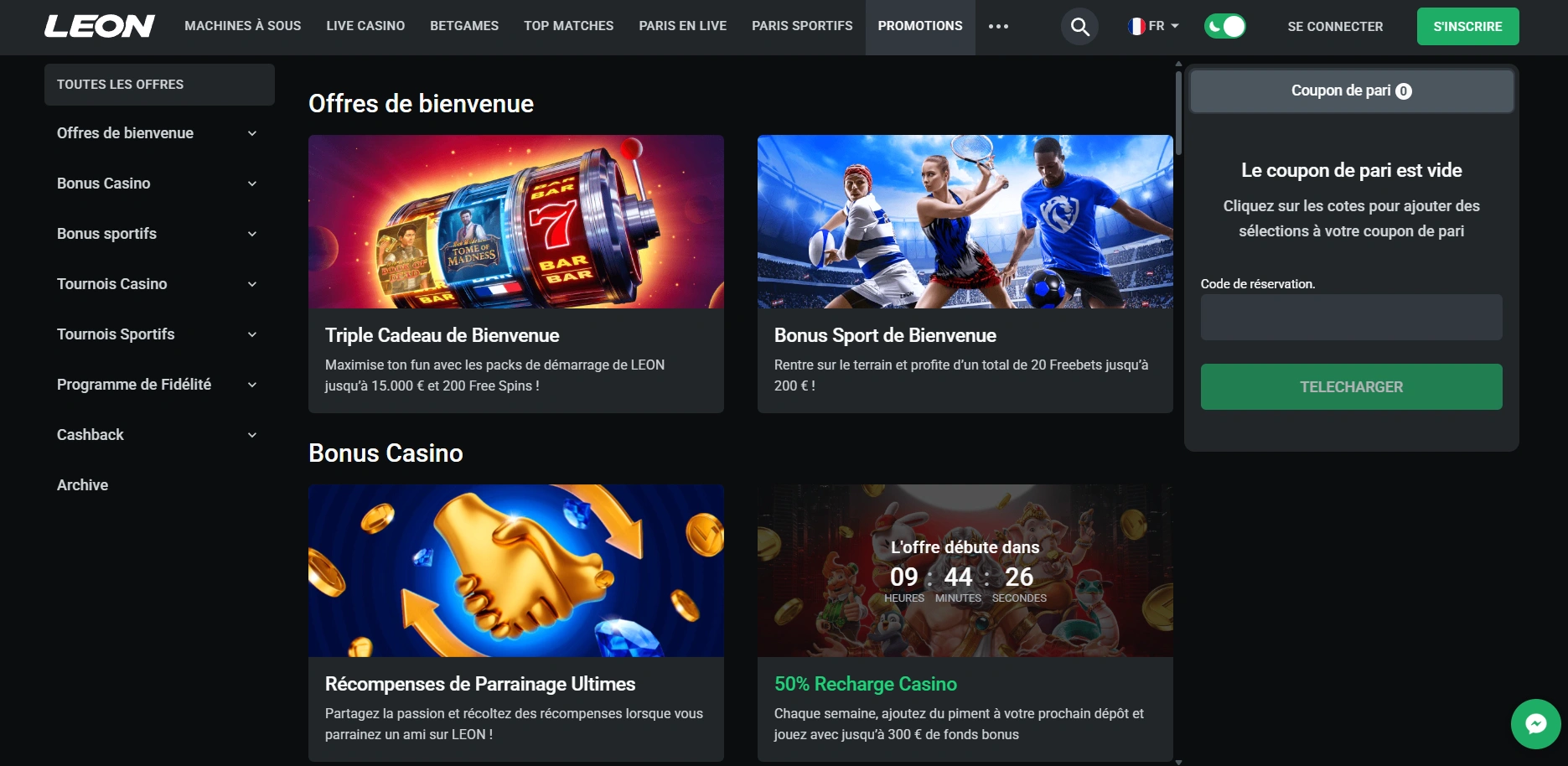 Bonus disponibles sur l'application Leon casino